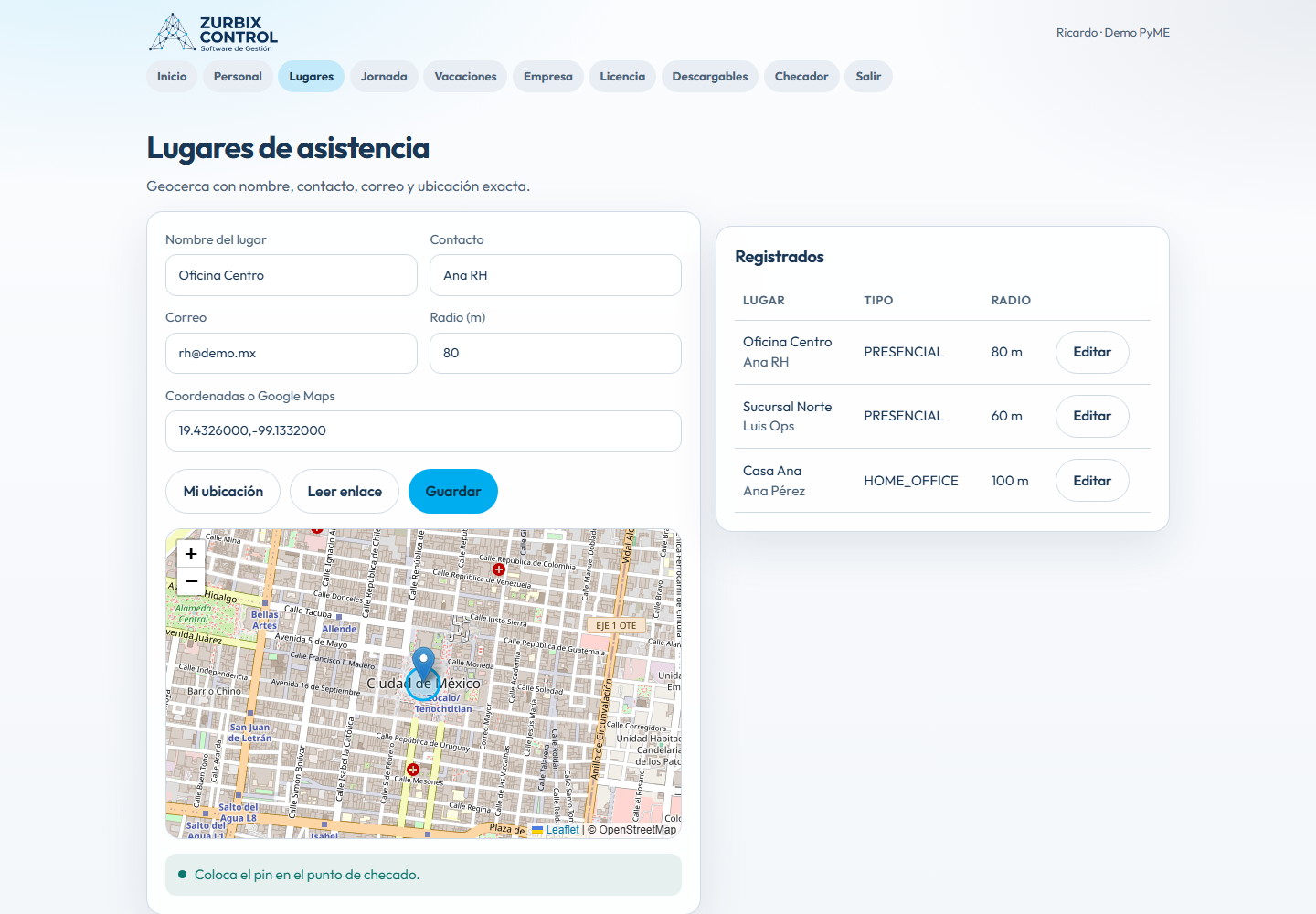 Lugares de asistencia con mapa y geocerca